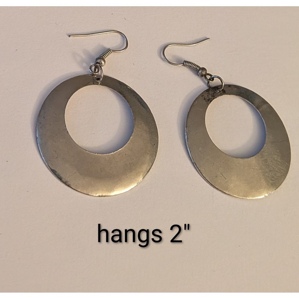 Vintage Silver Tone Open Circle Drop Earrings Minimalist Geometric Fishhook 2"